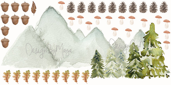 Mushrooms & Pine Trees - Fabric Nursery Wall Art Decals