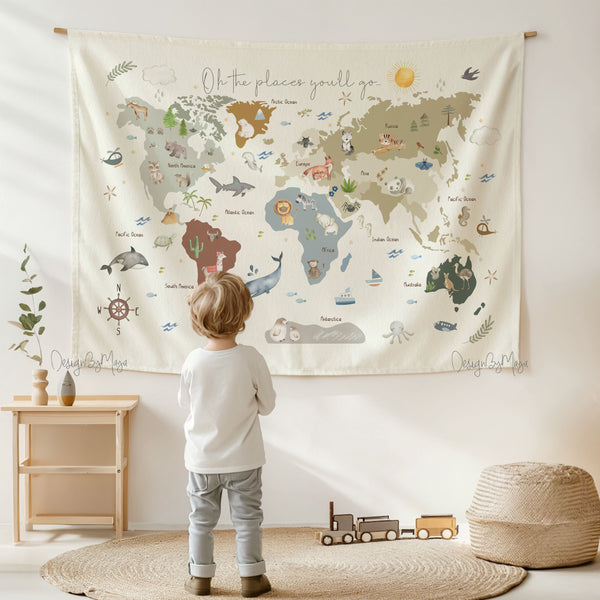 Tapestry World Map - Fabric Nursery Wall Banner Art