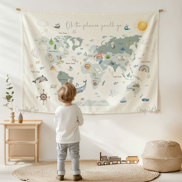 Tapestry World Map - Fabric Nursery Wall Banner Art