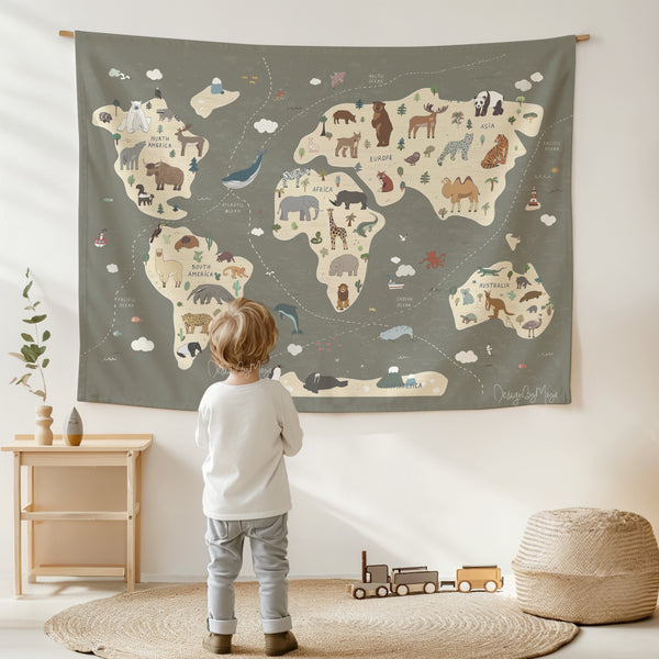 Tapestry World Map - Fabric Nursery Wall Banner Art