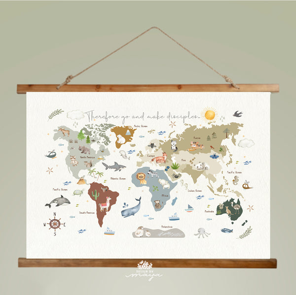 Wooden Hangers Tapestry World Map - Fabric Nursery Wall Banner Art
