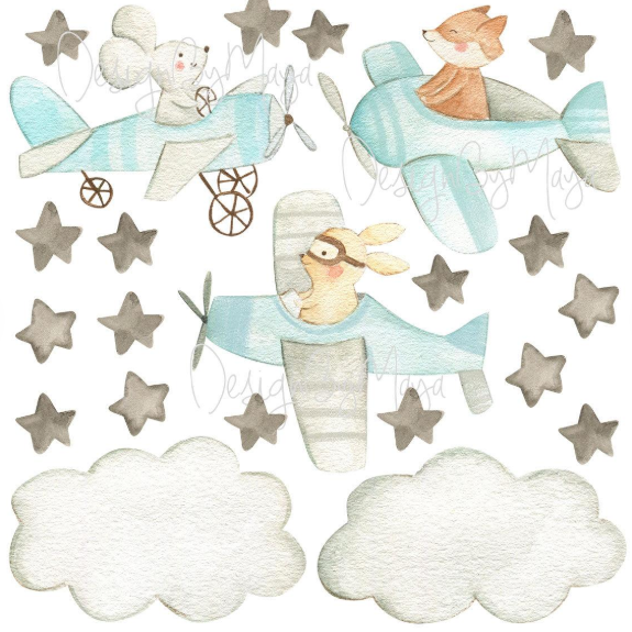 Hot Air Balloons and Planes Set - Fabric Nursery Wall Art Decals