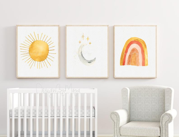 Tropical Sun, Moon, Rainbow, and Fruits - Luster Paper Nursery Wall Art Prints