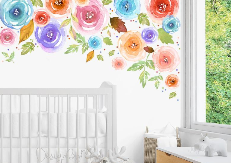 Baby Girl Rainbow Flowers Fabric Nursery Wall Art Decals