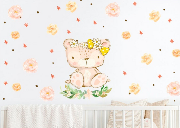 Baby Girl Teddy Bear and Flowers - Fabric Nursery Wall Art Decals