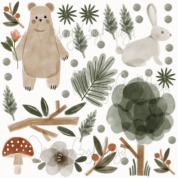 Woodland Baby Bear and Friends - Fabric Nursery Wall Art Decals