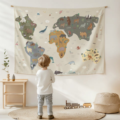 Tapestry World Map - Fabric Nursery Wall Banner Art
