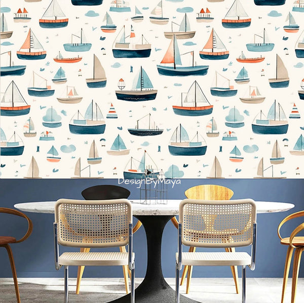 Vintage Boats & Sea life Wallpaper - Nursery Wall Decor Wallpapers