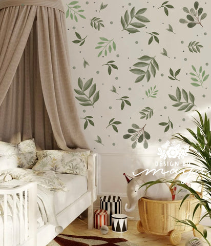 Scandinavian Green Leaves - Fabric Nursery Wall Art Decals