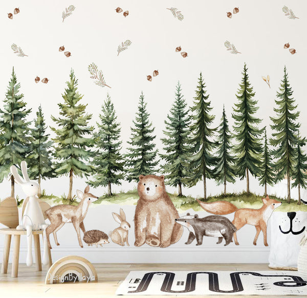 Woodland animals and Pine Trees - Fabric Nursery Wall Art Decals