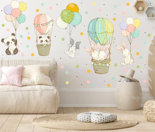 Baby animals inside Hot Air Balloons - Fabric Nursery Wall Art Decals