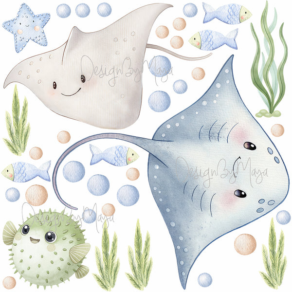 Little mermaids and Ocean Creatures decals - Fabric Nursery Wall Art Decals