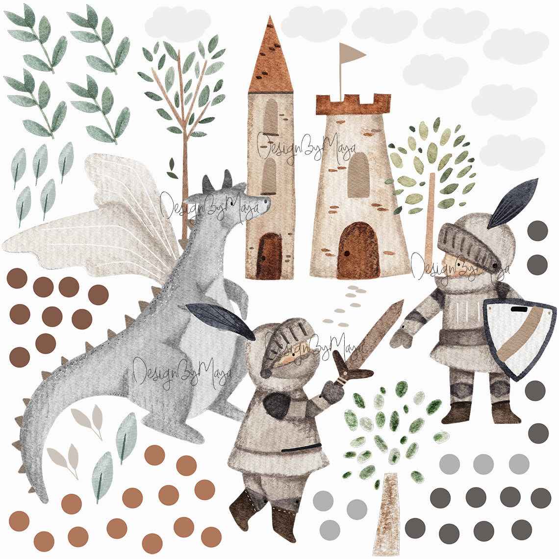 Knights, Castle and Dragon Vintage decals - Fabric Nursery Wall Art Decals