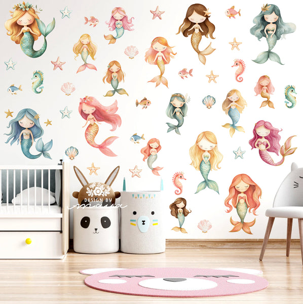 Little mermaids and Ocean Creatures decals - Fabric Nursery Wall Art Decals