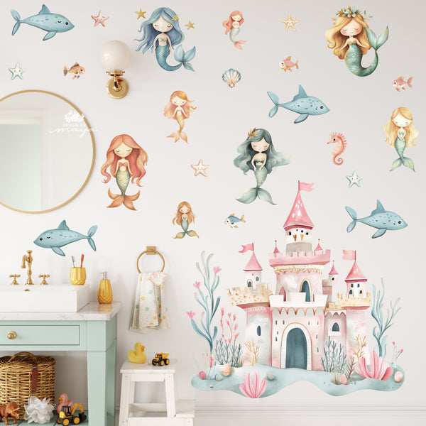 Little mermaids and Ocean Creatures decals - Fabric Nursery Wall Art Decals