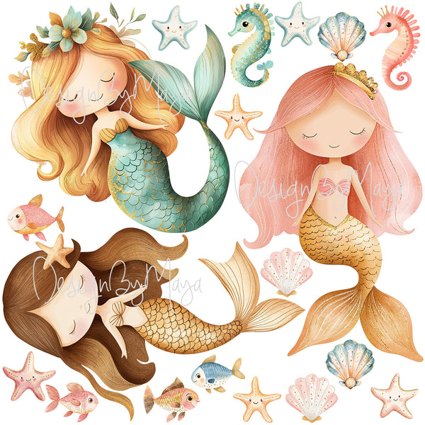 Little mermaids and Ocean Creatures decals - Fabric Nursery Wall Art Decals