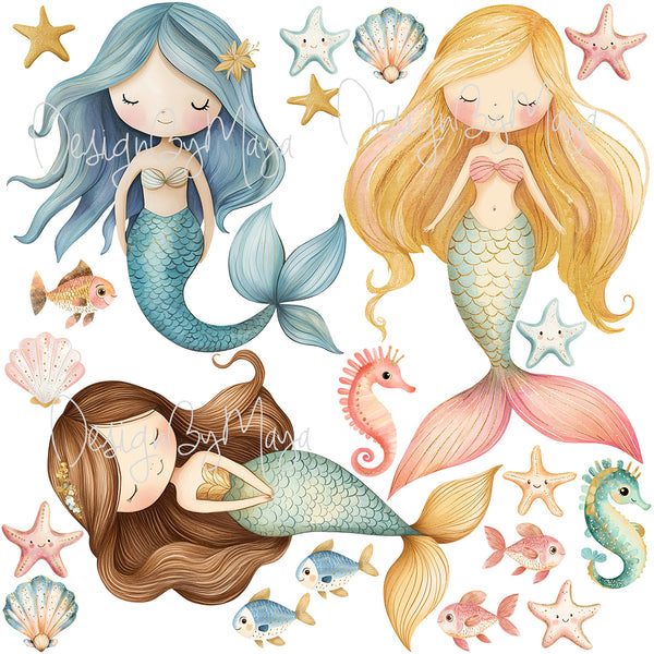 Little mermaids and Ocean Creatures decals - Fabric Nursery Wall Art Decals