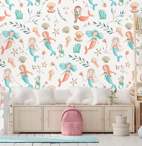 Mermaids and Ocean Foliage - Nursery Wall Decor Wallpapers