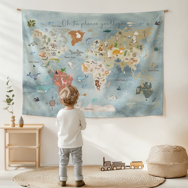 Tapestry World Map - Fabric Nursery Wall Banner Art