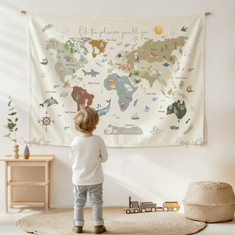 Tapestry World Map - Fabric Nursery Wall Banner Art