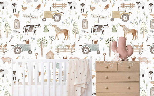 Farm wallpaper Baby animals and Foliage - Nursery Wall Decor Wallpapers