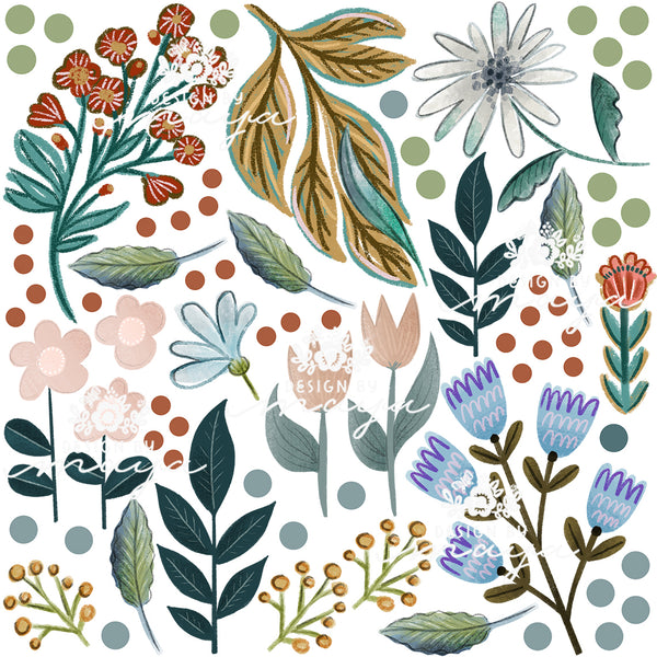 Wild Flowers & Green Leaves - Fabric Nursery Wall Art Decals