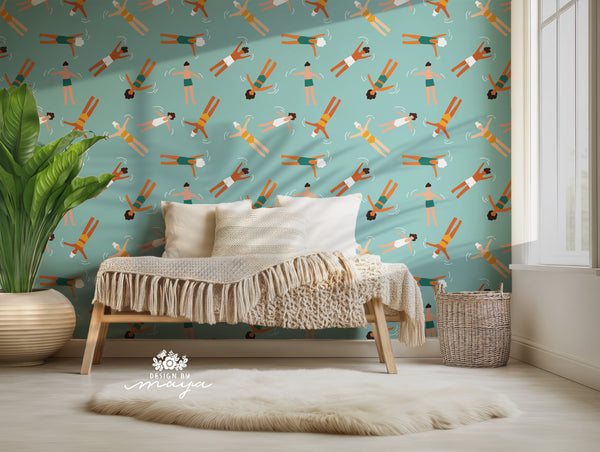 Retro Swimmers & Waves Wall Decor - House Wallpapers
