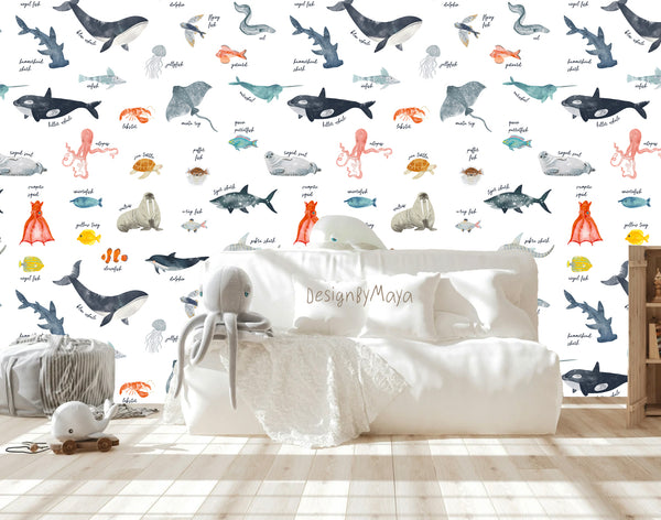 Sea life & Alphabet Animals Wallpaper - Nursery Wall Decor Wallpapers