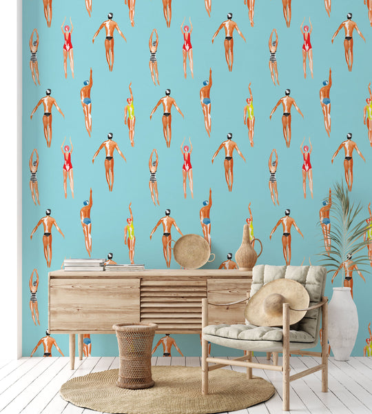 Retro Swimmers & Waves Wall Decor - House Wallpapers