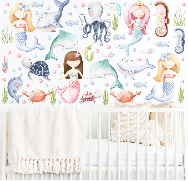 Baby mermaids and Sealife decals - Fabric Nursery Wall Art Decals