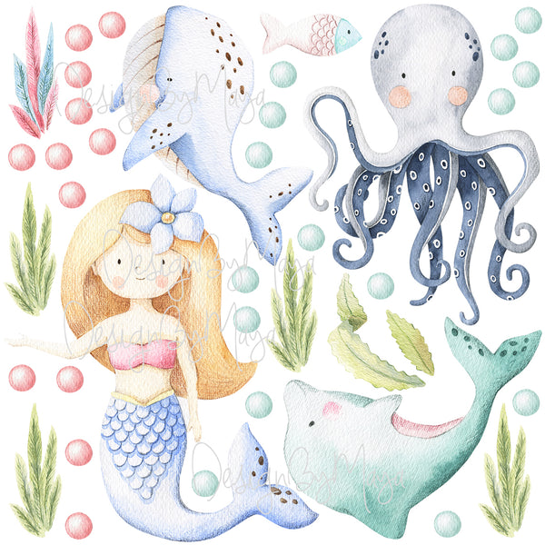 Baby mermaids and Sealife decals - Fabric Nursery Wall Art Decals