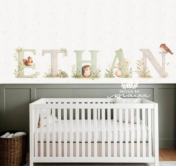 Baby Name & Woodland Animals Decor - Fabric Nursery Wall Art Decals
