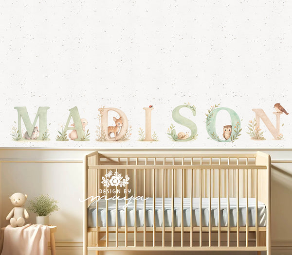 Baby Name & Woodland Animals Decor - Fabric Nursery Wall Art Decals
