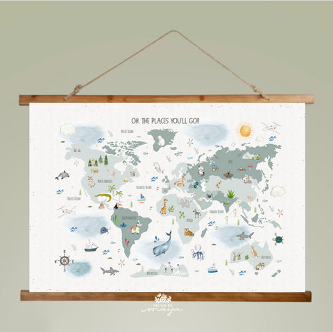 Wooden Hangers Tapestry World Map - Fabric Nursery Wall Banner Art