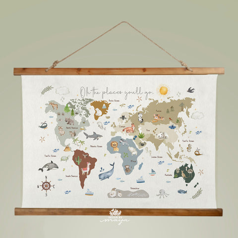 Wooden Hangers Tapestry World Map - Fabric Nursery Wall Banner Art