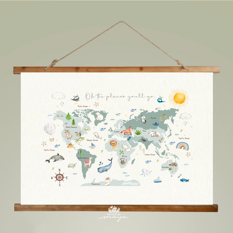Wooden Hangers Tapestry World Map - Fabric Nursery Wall Banner Art