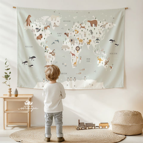 Tapestry World Map - Fabric Nursery Wall Banner Art