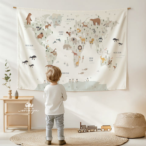 Tapestry World Map - Fabric Nursery Wall Banner Art