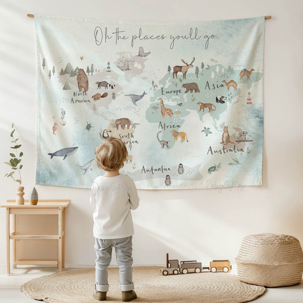 Tapestry World Map - Fabric Nursery Wall Banner Art