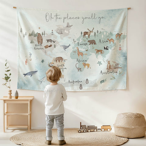 Tapestry World Map - Fabric Nursery Wall Banner Art