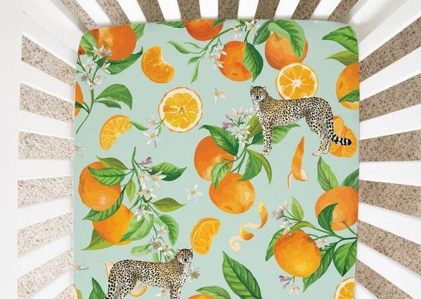Tropical Oranges and Cheetahs - Minky / Jersey Crib Sheets