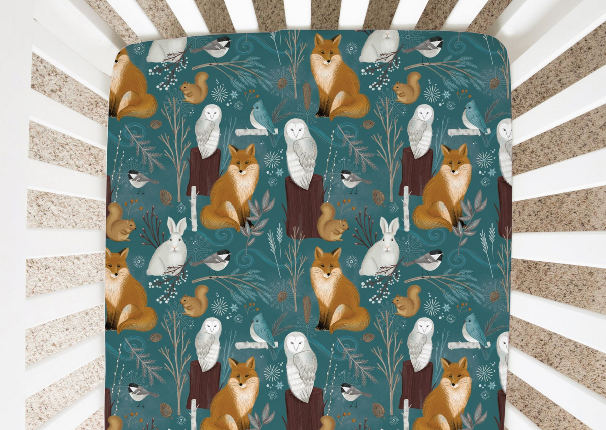 Dark Teal Fox and Owls - Minky / Jersey Crib Sheets