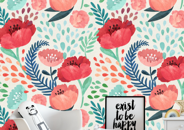 Blush Pink and Teal Mint Poppies - Nursery Wall Decor Wallpapers