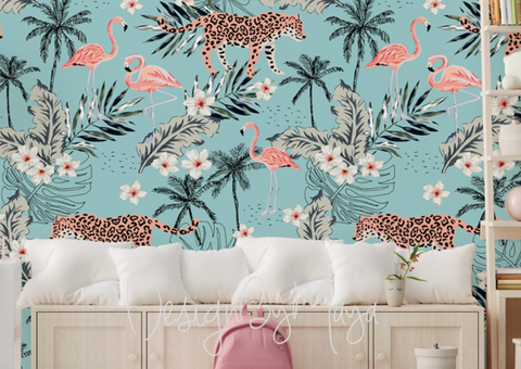 Pale pink & Teal, Tiger and Flamingos - Nursery Wall Decor Wallpapers