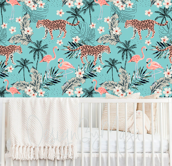 Pale pink & Teal, Tiger and Flamingos - Nursery Wall Decor Wallpapers