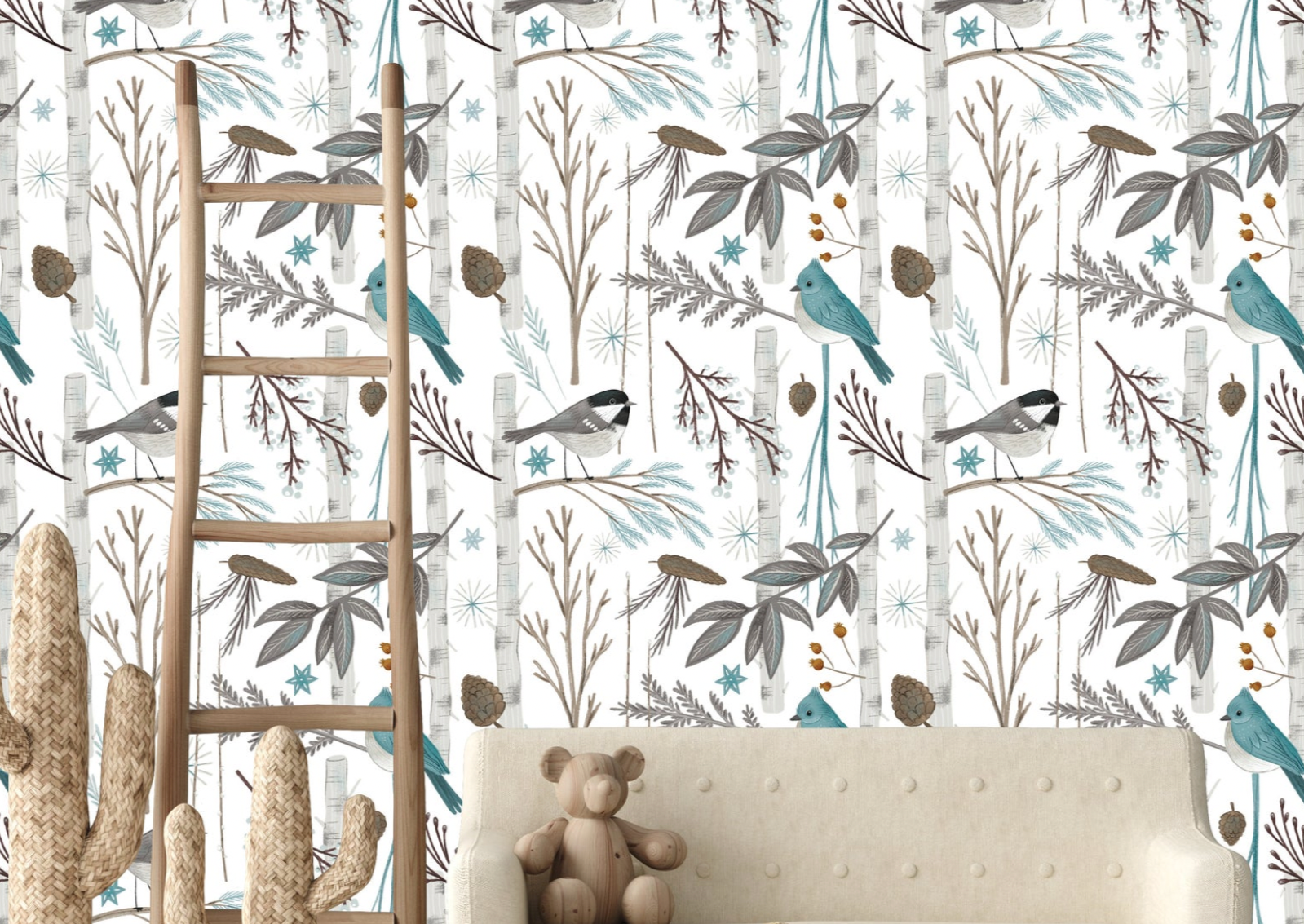 Charcoal Bamboo and Birds - Nursery Wall Decor Wallpapers