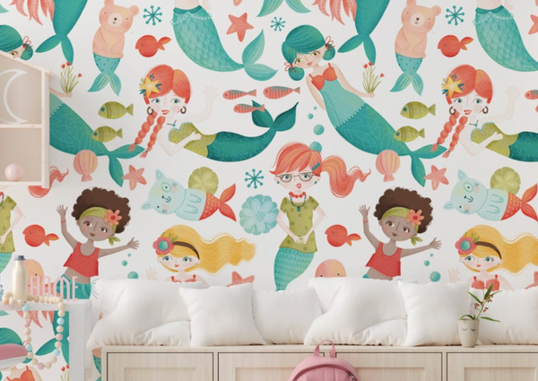 Mermaids and Ocean Foliage - Nursery Wall Decor Wallpapers