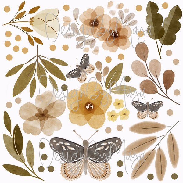 Boho Foliage & Butterfly wall decals - Fabric Nursery Wall Art Decals
