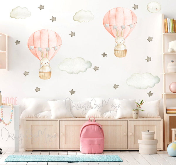 Bunny inside Hot Air Balloon - Fabric Nursery Wall Art Decals