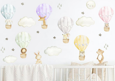 Rainbow Hot Air Balloons Set - Fabric Nursery Wall Art Decals